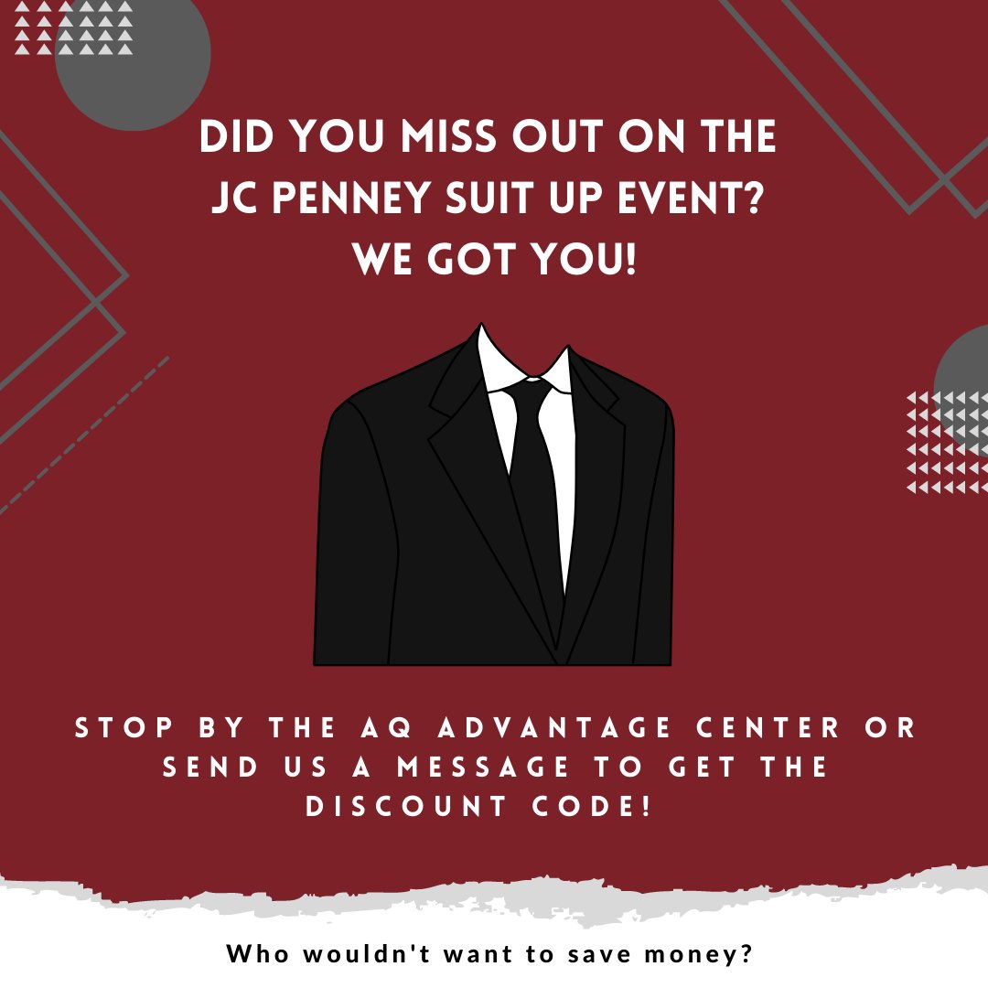 aq_advantage's tweet photo. Happy Monday Saints! If you missed out on our JC Penney Suit-Up even earlier this semester, we have a deal for you. Stop by the AQ Advantage Center or send us a message to get our online discount code. It is open to current AQ students and will be good until May  1st. https://t.co/7FJjZHlW5s