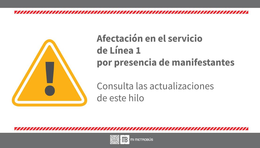 ⚠AVISO L1 
 1⃣  Por presencia de manifestantes, servicio  de Indios Verdes ↔ Plaza de la República y de Glorieta Insurgentes ↔ El Caminero (Actualización 11:47 hrs.) <a href="/SSC_CDMX/">SSC CDMX</a> <a href="/LaSEMOVI/">Secretaría de Movilidad CDMX</a> Consulta alternativas en: metrobus.cdmx.gob.mx/ServicioMB #MovilidadCDMX