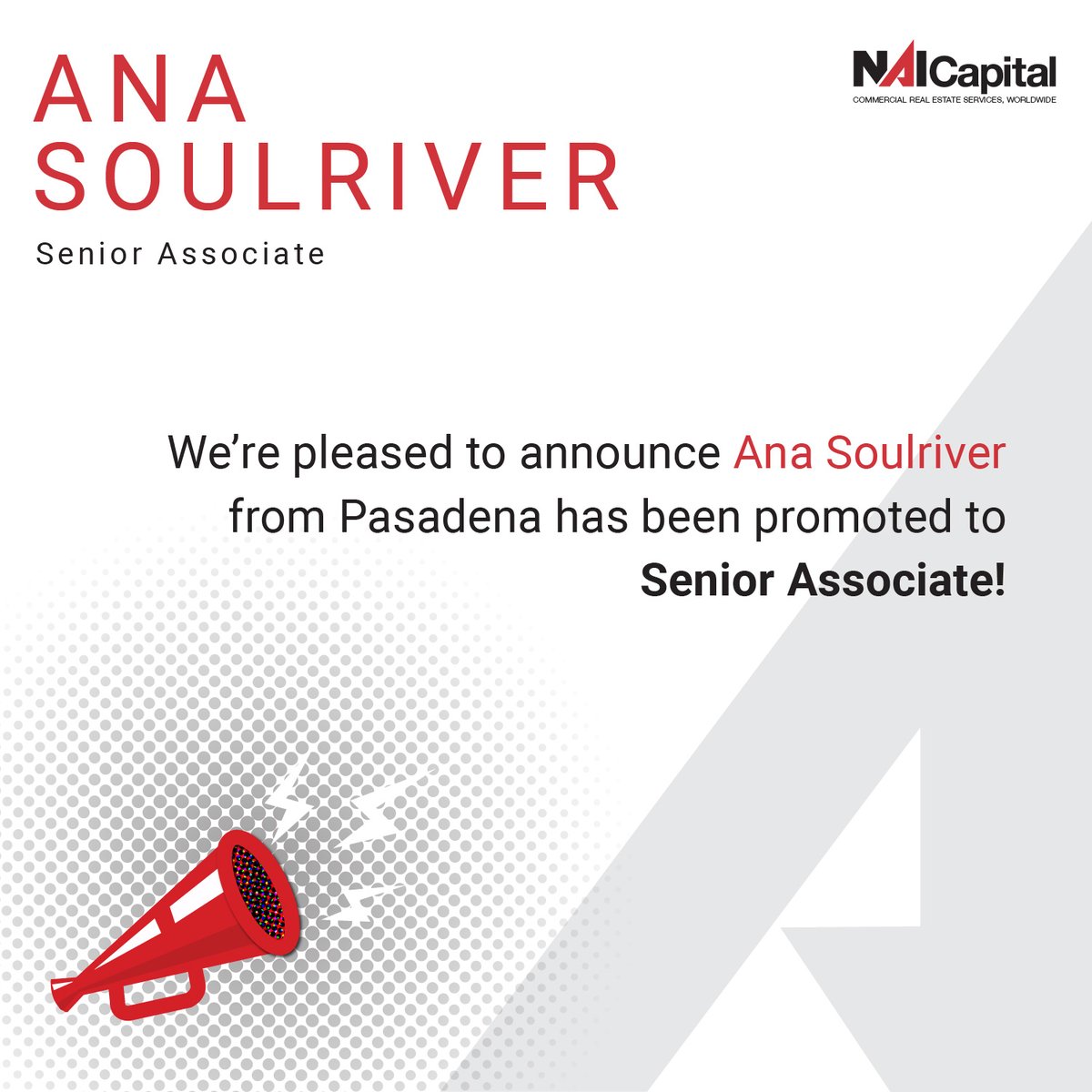 NAI is proud to announce Ana Soulriver from our Pasadena office has been promoted to Senior Associate!
.
.
.
#nai #commercialrealestate #californialistings #losangeleslistings #losangelesbrokers