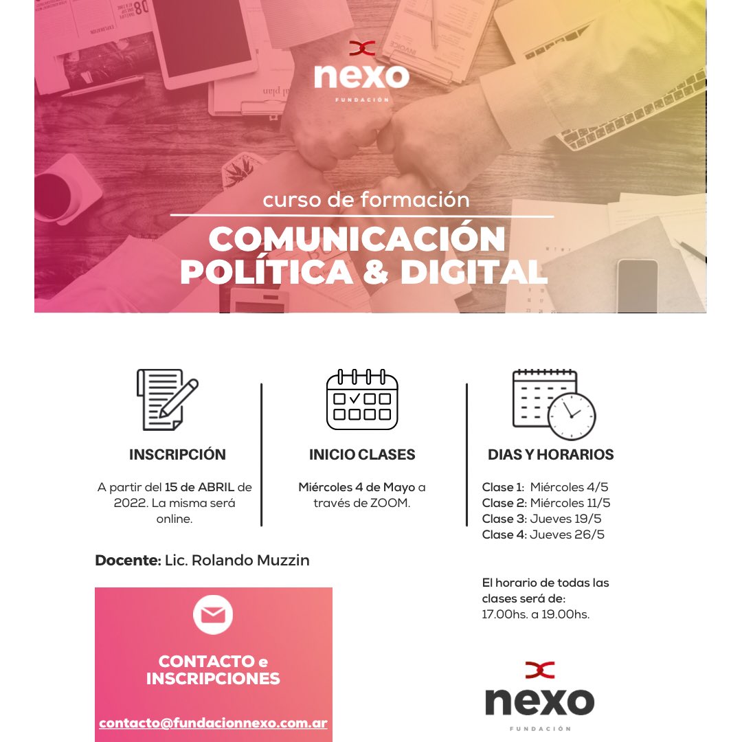 𝗖𝗨𝗥𝗦𝗢 𝗗𝗘 𝗙𝗢𝗥𝗠𝗔𝗖𝗜𝗢́𝗡: 𝗖𝗢𝗠𝗨𝗡𝗜𝗖𝗔𝗖𝗜𝗢́𝗡 𝗣𝗢𝗟𝗜𝗧𝗜𝗖𝗔 &amp; 𝗗𝗜𝗚𝗜𝗧𝗔𝗟

🔈Este es el 2do. curso que se pone a disposición de manera 𝗚𝗥𝗔𝗧𝗨𝗜𝗧𝗔.

🗓 Fecha Inicio: miércoles 4 de mayo
 
⏰ Hora: 17 hs. a 19 hs. 

✍🏻Inscribite:
forms.gle/Yp1hhSrM2j4T31…