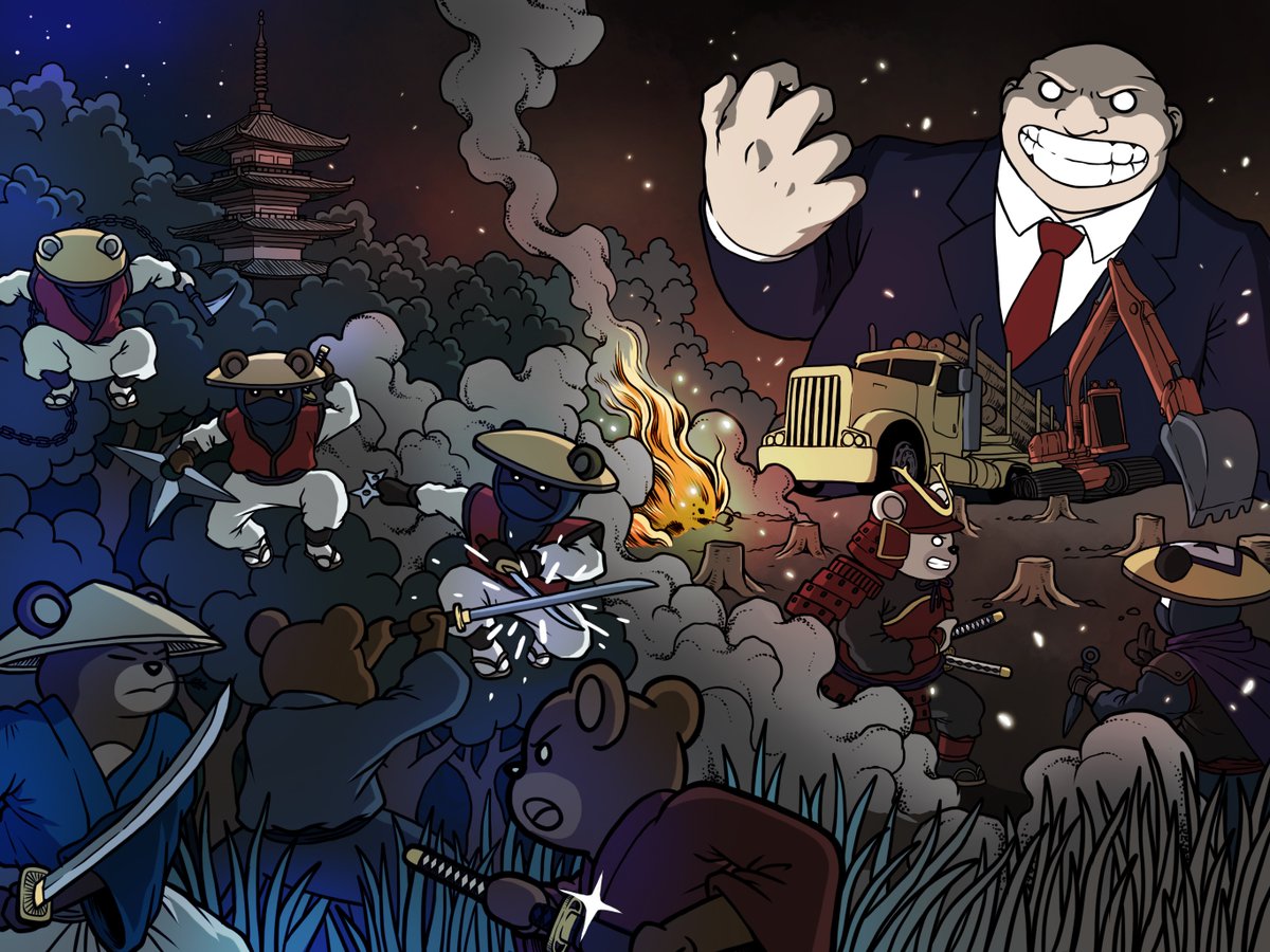 BubblyBearsNFT's tweet photo. The Ninja and Samurai, two of the greatest Bubbly Bear Clans, have long been locked in conflict. 
But a new threat has emerged, something much worse than their age old feud.
Will these divided houses be able to settle their differences in order to put a stop to the deforestation? https://t.co/ZLIJJa8E1e