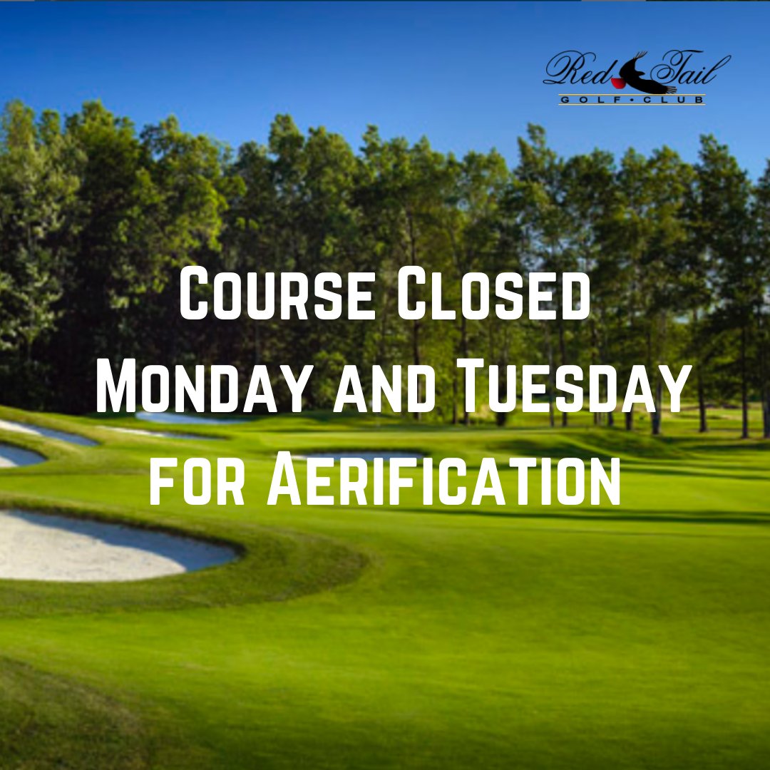 RedTailAvon's tweet photo. Just a friendly reminder that the course will be closed today and tomorrow for the aerification process.  Thank you.

#redtailgolfclub #spring #golfcoursenews https://t.co/l77yyWXNsv