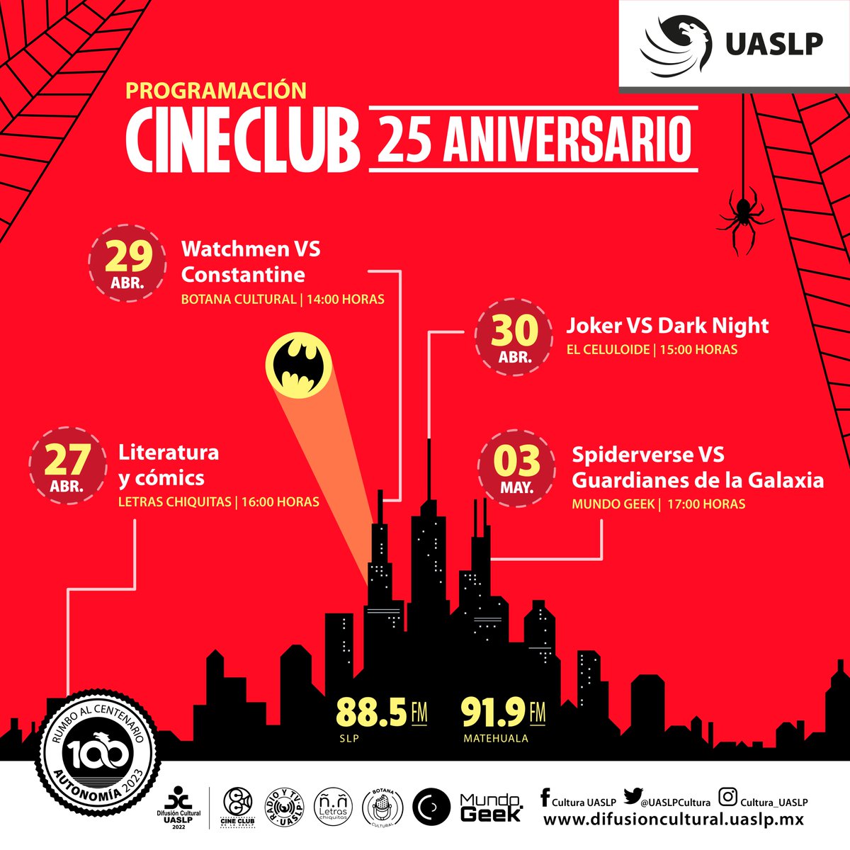 CineClubUASLP's tweet image. ¡Se viene el Crossover del año! 🤩🦸‍♂️
Botana Cultural, @ChiquitasLetras, El Celuloide y Mundo geek se unen a la celebración del 25º Aniversario del CineClub UASLP 🥳
Con una programación especial en donde hablaremos de las películas pre seleccionadas para una función especial.