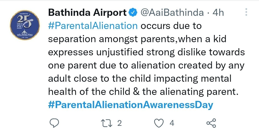 Dear @JM_Scindia 

We are not sure if this is planned by your ministry, but it is heartwarming to see several airport handles tweeting about a very important cause, which is never discussed in India

Thank you 

#ParentalAlienationAwarenessDay #ParentalAlienation #SharedParenting