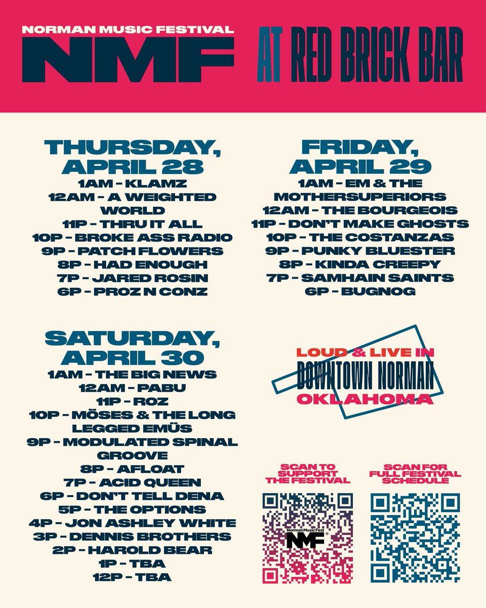 Norman Music Festival (@normanmusicfest) on Twitter photo Indoor schedules? Indoor schedules.
Here are the stage lineups for the indoor venues officially participating, including <a href="/opolisprod/">opolis productions</a>, <a href="/TheBrewhouse/">The Brewhouse</a>, <a href="/bonneteering/">Bluebonnet Bar</a>, <a href="/RedBrickBarOK/">Red Brick Bar</a>, @michelangelosOK, <a href="/resonator_art/">Resonator Art Space</a>, <a href="/bisonwitches_OK/">Bison Witches</a> and Sergio's this year! Indoor schedules? Indoor schedules.
Here are the stage lineups for the indoor venues officially participating, including <a href="/opolisprod/">opolis productions</a>, <a href="/TheBrewhouse/">The Brewhouse</a>, <a href="/bonneteering/">Bluebonnet Bar</a>, <a href="/RedBrickBarOK/">Red Brick Bar</a>, @michelangelosOK, <a href="/resonator_art/">Resonator Art Space</a>, <a href="/bisonwitches_OK/">Bison Witches</a> and Sergio's this year!