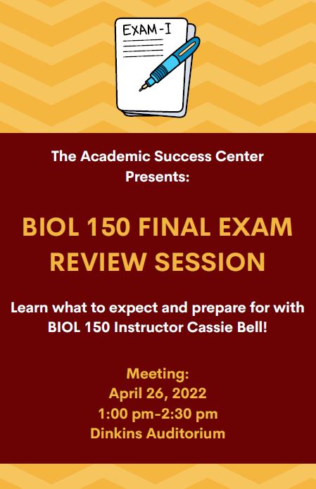 BIOL 150 Students: Join the #winthrop ASC and BIOL 150 Instructor/Coordinator Cassie Bell for a final exam review session tomorrow (Study Day)!