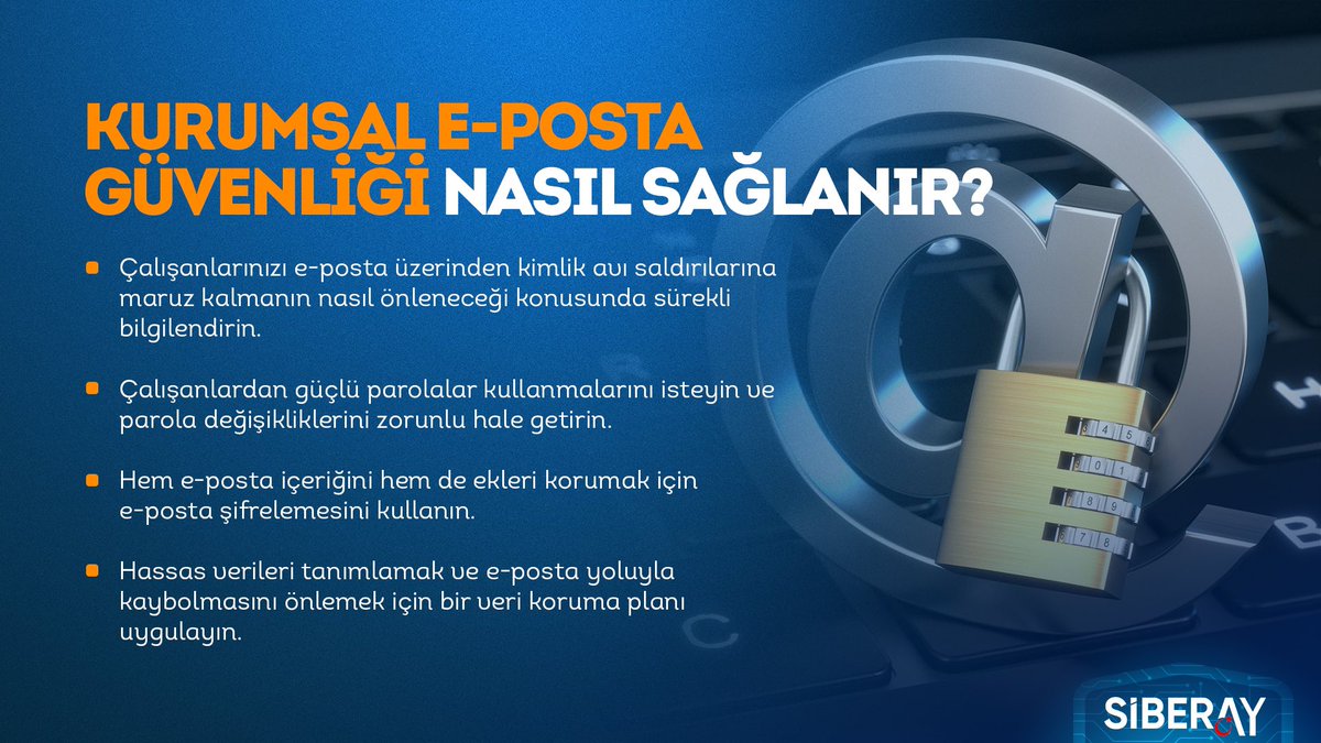 📩Günümüz teknoloji dünyasında iletişim ve iş sürekliliği için yaygın şekilde kullanmakta olduğumuz e-postalar, gerekli güvenlik önlemleri alınmadığında kötü niyetli kişilerin hedefi olabilir.

✅Bireysel ve Kurumsal E-Posta Güvenliği Nasıl Sağlanır?

#SİBERAY 🌙