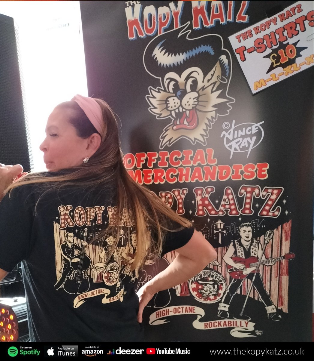 TheKopyKatz's tweet photo. Our new Vince Ray exclusive design T-shirts (unisex) went on sale for the first time at our gig merch stand in Hoddesdon yesterday and this lovely lady was our very first customer ๐. Pick yours up at our gigs. See our gig list here https://t.co/wjIu7KaO46 #rockabilly #vinceray https://t.co/E0e1lRL7hG