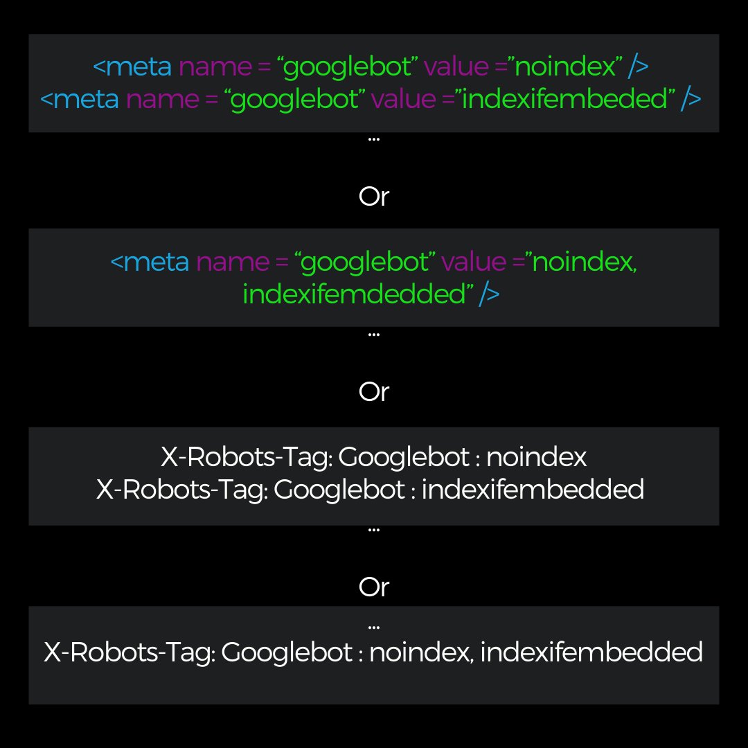 Google has updated the new robots tag: indexifembedded. 

This new tag allows URL owners to entitle people who reference their links to get the URL indexed while the URL owners can keep their page noindex. 

Have you tried this tag yet? let us know what do you think about it.