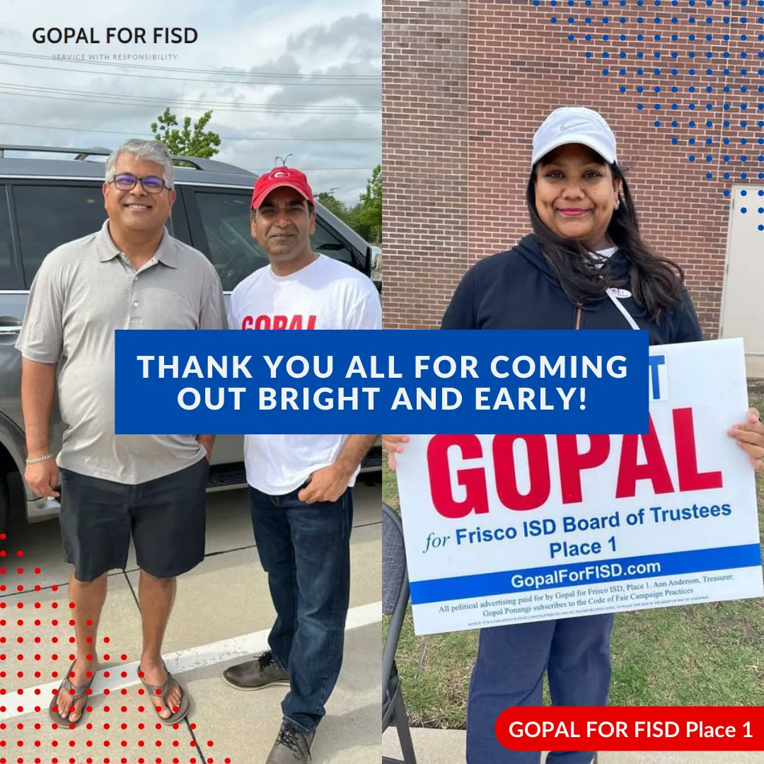 VoteForGopal's tweet photo. Voting is going strong this morning. Thank you all for coming out bright and early!

Get your vote in today for #gopalforfisd #gopalforfisd #ReelectGopal #VoteGopal https://t.co/HIuFTN4UZg