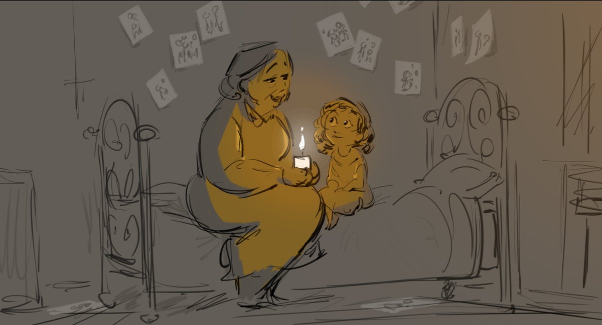 DisneyAnimation's tweet image. From storyboard to final frame: young Mirabel and Abuela Alma in Encanto. 🎨: David VanTuyle, Story Artist
