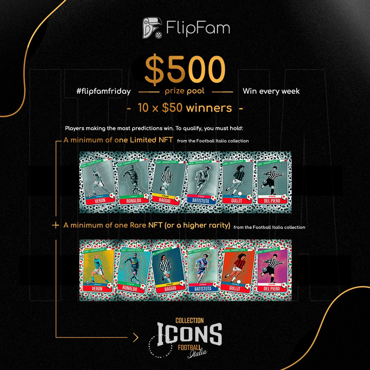 FlipFamHQ's tweet photo. Introducing #FlipFamFriday's ⚽️😎

For a chance to win part of $500 prize pool:

✅ Top 10 most active player
✅ Hold min. 1 Limited Italia Collection #NFT
✅ Hold min. 1 Rare Italia Collection #NFT

At least 500USDC will be distributed every FlipFam Friday. Good luck! 🎯💰 https://t.co/wvjlR1UrcO
