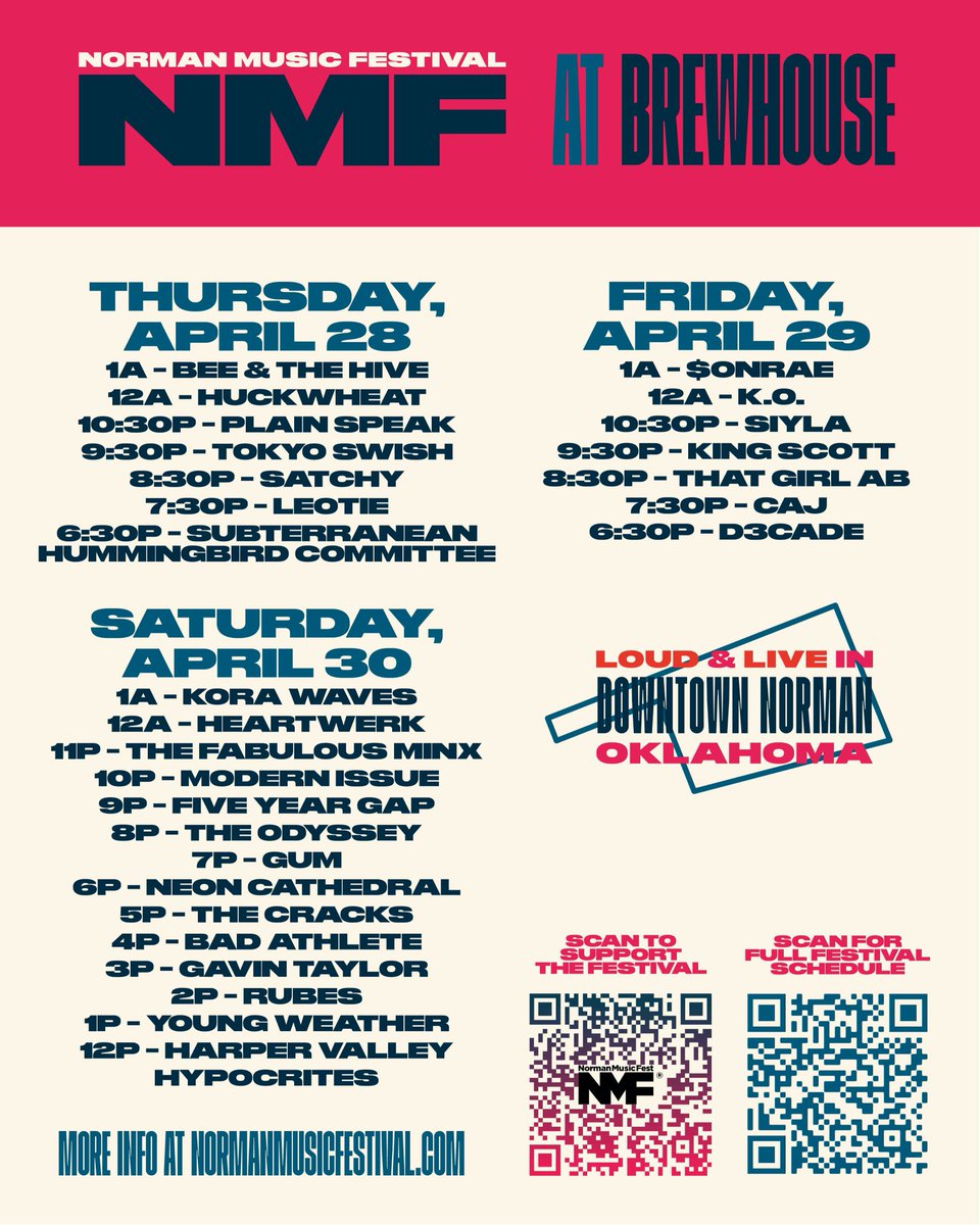 NormanMusicFest's tweet photo. Indoor schedules? Indoor schedules. 
Here are the stage lineups for the indoor venues officially participating, including @opolisprod, @TheBrewhouse, @bonneteering, @RedBrickBarOK, @michelangelosOK, @resonator_art, @bisonwitches_OK and Sergio's this year! https://t.co/QX7kzuWOPI