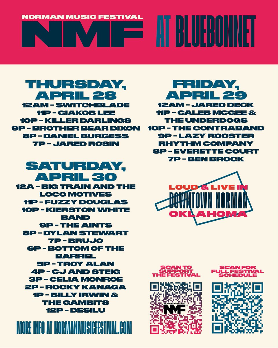 NormanMusicFest's tweet photo. Indoor schedules? Indoor schedules. 
Here are the stage lineups for the indoor venues officially participating, including @opolisprod, @TheBrewhouse, @bonneteering, @RedBrickBarOK, @michelangelosOK, @resonator_art, @bisonwitches_OK and Sergio's this year! https://t.co/QX7kzuWOPI
