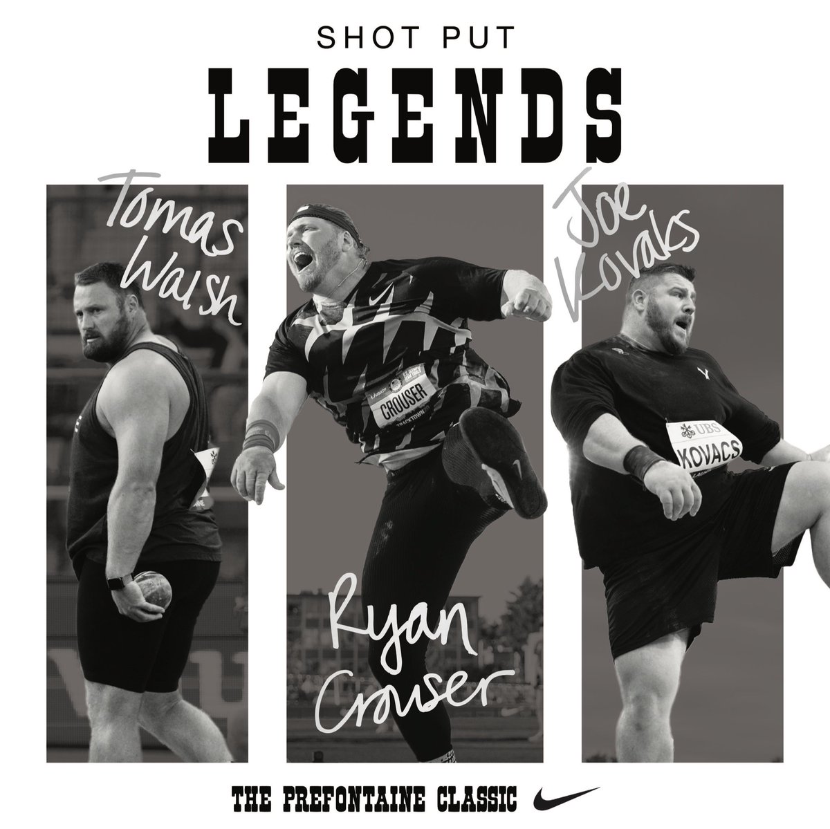 Big day for #BigThrowsGuys. A legendary shot put showdown is on tap for #PreClassic.

🇺🇸 @RCrouserThrows 
🇺🇸 @JoeKovacsUSA 
🇳🇿 @TomWalshSP 
🇧🇷 Darlan Romani
🇮🇹 Zane Weir
🇺🇸 @B1GHomie 
🇺🇸 Josh Awotunde

Get your tickets at PreClassic.com