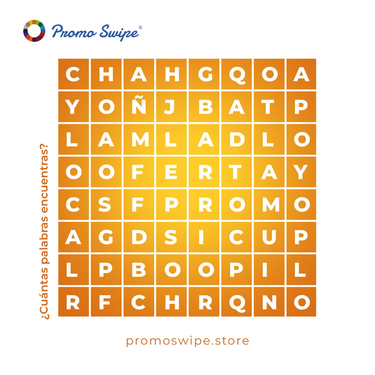 PromoSwipe's tweet photo. Relájate y disfruta un rato con nosotros encontrando las palabras escondidas en esta #sopadeletras. 📝

¿Te animas? Escribe en comentarios la primera que hayas encontrado. 
Una pista: todas las palabras tienen relación con nuestra #App.

#juego #sopadeletras #cupones #descuentos https://t.co/pUaRnCU5k9