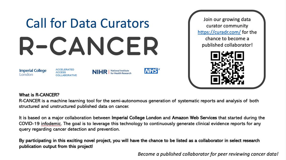 Review cancer literature as part of our curator team and be in with the chance to be listed as a collaborator within the R-CANCER Project group! 

Applications are being accepted now! curadr.com