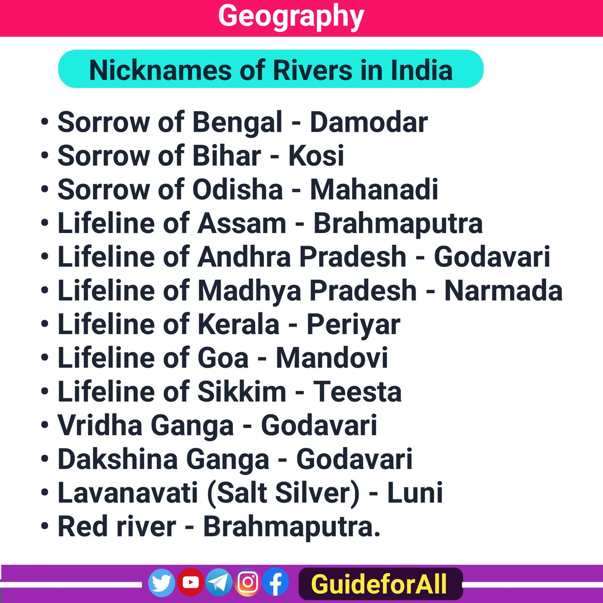 GuideforAll's tweet photo. #Geography:

Nicknames of Rivers in India 👇.

It will cost you ₹0 to Retweet🔃

#UPSC #UPSCPrelims #UPSC2022 https://t.co/RQwqlcjNtO