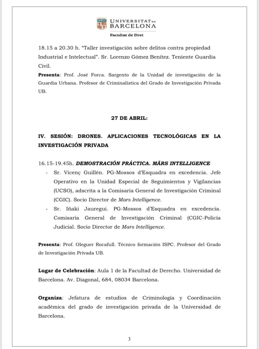 InvestPrivadaUB's tweet photo. I Jornadas del Grado de Investigación Privada #IPUB 

“Nuevos retos y desafíos permanentes en la #InvestigaciónPrivada”

📍Aula 1 #FacultatdeDret #UB
📆 25,26 y 27 Abril 2022
🕵🏻‍♂️ Diversos profesionales especializados en materia de seguridad y talleres prácticos.

¡Os esperamos! https://t.co/Pxw1b5Jsvg