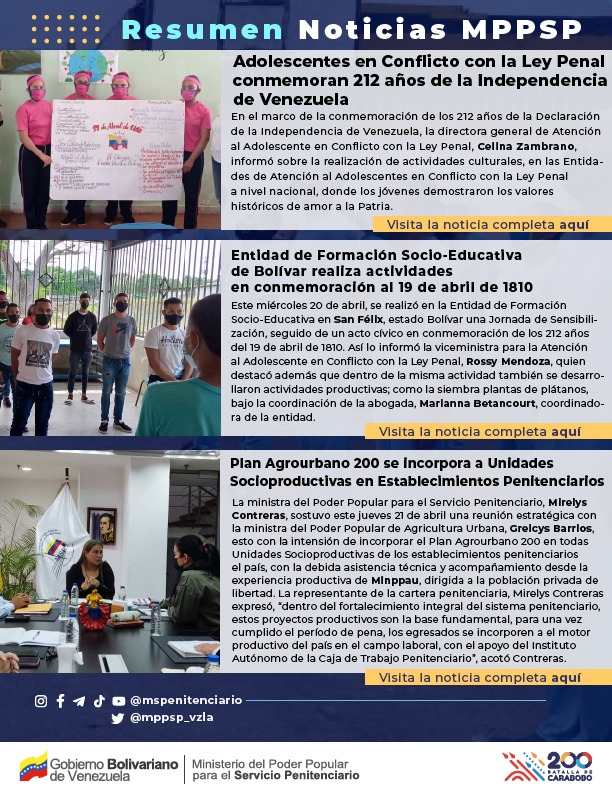 mirelct's tweet photo. #25Abr|  El MPPSP continúa informando a través de @mppsp_vzla las actividades más relevantes con resumen digital semanal del sistema penitenciario, continuamos con el Fortalecimiento Integral del Sistema Penitenciario #AquilesNazoaEsDelPueblo @NicolasMaduro @delcyrodriguezv https://t.co/JXszQ2UiIx