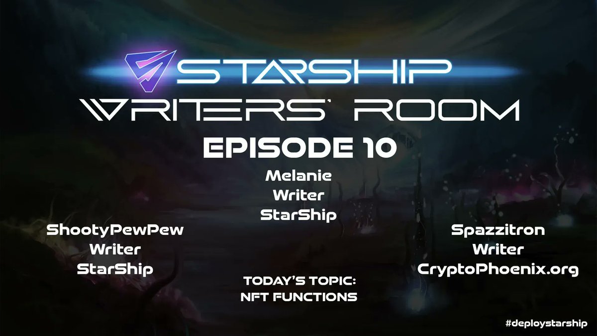DeployStarShip's tweet photo. Tune into episode ten of the StarShip Writers' Room Podcast!

This episode features a discussion around the NFTs and their functions in the StarShip story!

Watch the podcast premiere now: https://t.co/kz3g3bafVA
 
#DeployStarShip #GameFi #PlayToEarn #BlockchainGaming #P2EGame https://t.co/msyxw6qvTq