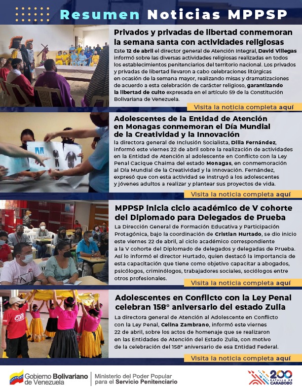 mirelct's tweet photo. #25Abr|  El MPPSP continúa informando a través de @mppsp_vzla las actividades más relevantes con resumen digital semanal del sistema penitenciario, continuamos con el Fortalecimiento Integral del Sistema Penitenciario #AquilesNazoaEsDelPueblo @NicolasMaduro @delcyrodriguezv https://t.co/JXszQ2UiIx