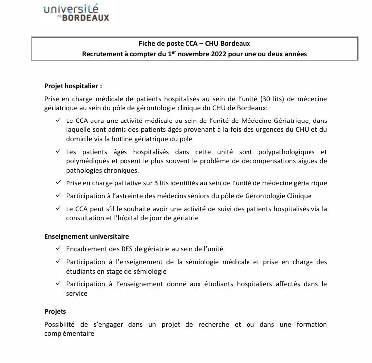 anaig_geriatrie's tweet image. ➡️ Offre de poste de CCA en gériatrie à Bordeaux 🍷 à pourvoir en Novembre 2022  ✨                                                   📩Candidature à envoyer à genevieve.pinganaud@chu-bordeaux.fr et nathalie.salles@chu-bordeaux.fr @CHUBordeaux @nathaliesalles2 @JeunesGeriatres