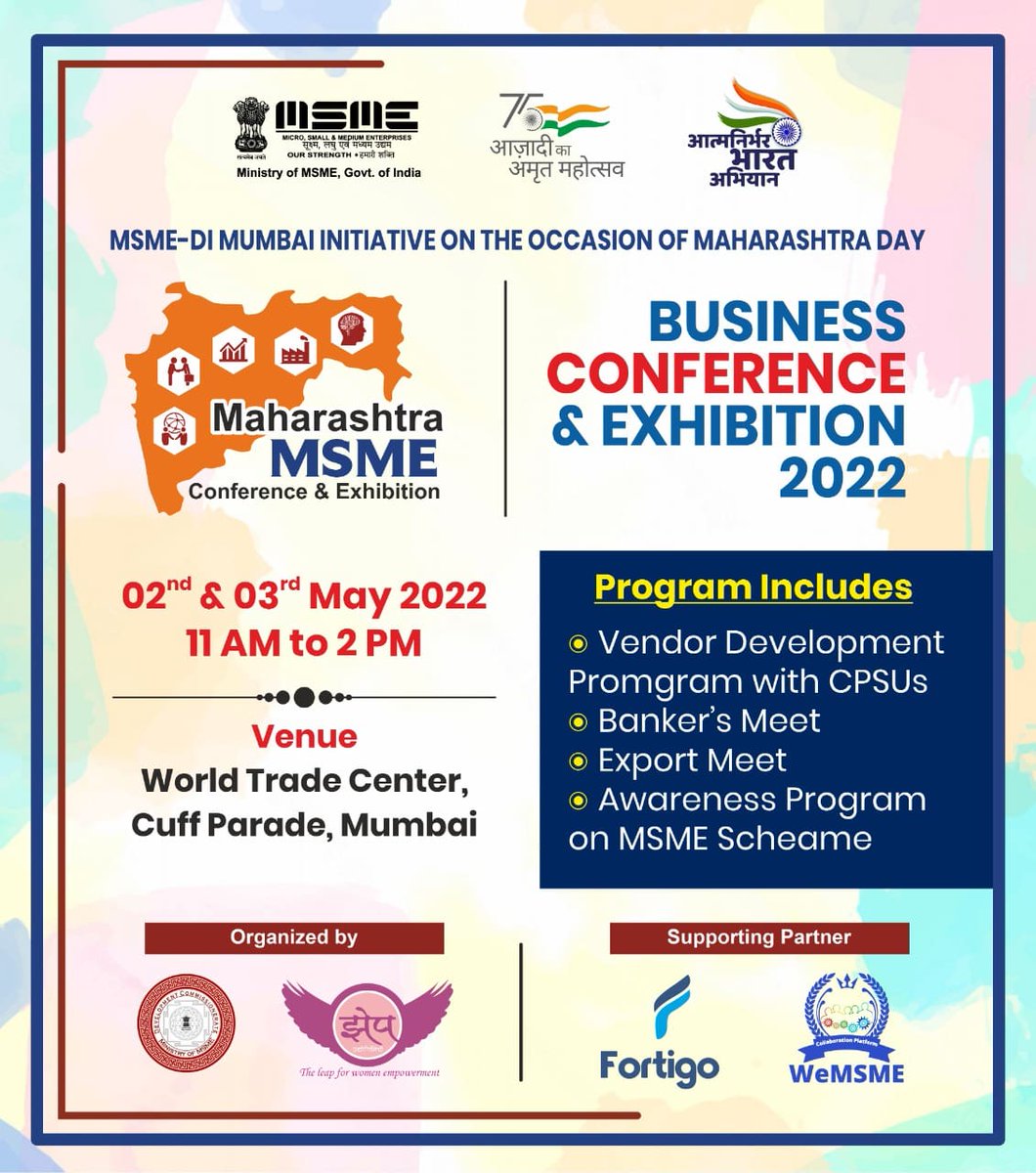 JalajMohan's tweet photo. MAHARASHTRA #MSME Expo 2022 organized by @zhepudyogini &amp; #WeMSME in association with the @minmsme, GOI #VendorDevelopment program with #CPSUs, #Bankers meet, #Exporters meet , Awareness Program on MSME schemes on 2nd May.

pls register your self -
 https://t.co/LGVPhsu2Rp https://t.co/J9dmru5wH6