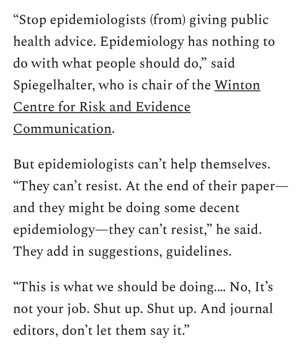 Amazing article on the role of epidemiologists in giving advice

I previously said, “Science can inform decisions, but it does not make them. Value judgements are needed…that is the job of policy makers. Not scientists”

I prefer how <a href="/d_spiegel/">David Spiegelhalter</a> puts it

gregmantell.substack.com/p/leading-acad…