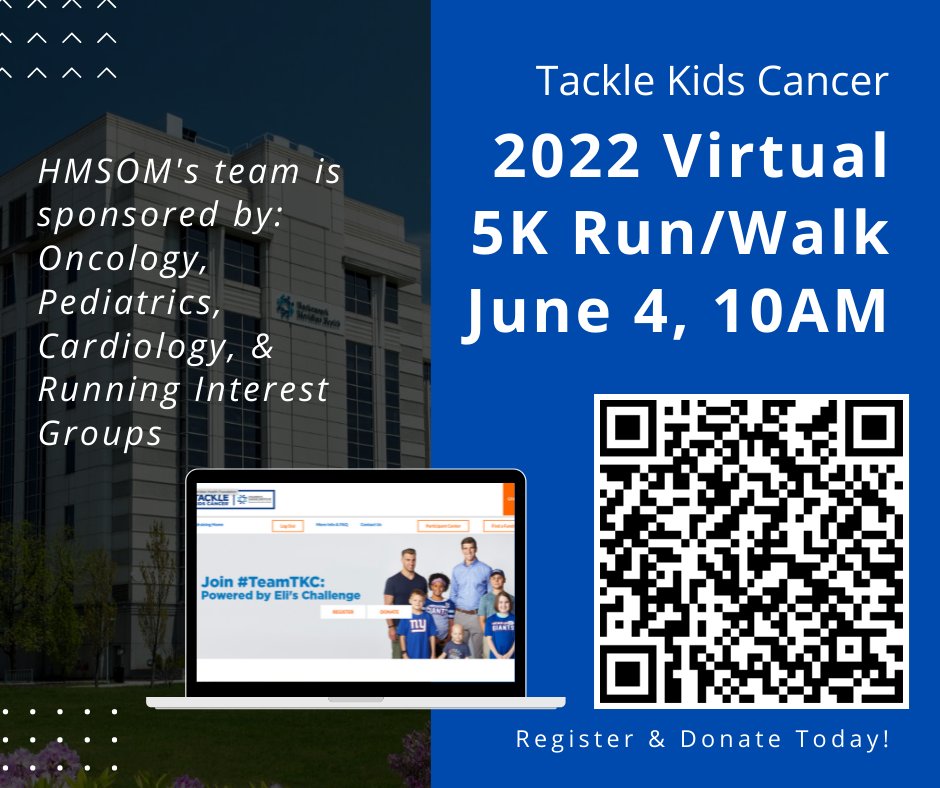 Excited to be leading my med school’s team for the <a href="/TackleKidsCancr/">TackleKidsCancer</a> 2022 5K event! The 5K is virtual again this year, but our school will be running together on June 4th. Register, donate, and spread the word! 

give.hackensackmeridianhealth.org/site/TR/Events…