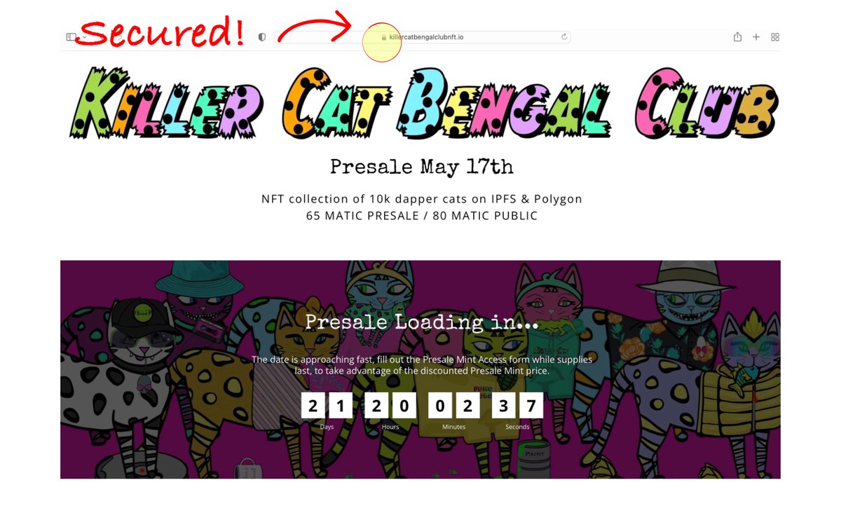 ✅🔒 Secured website! ✅ the full roadmap!

Presale is May 17th, don't miss out! Only days left to get on the whitelist and get access to Presale Mint discount.

Join #KCBC for $250,000 USD in #Giveaways

KillerCatBengalClybNFT.io

discord.gg/kDKbfaGMsn

#NFTs #NFTCommunity #NFT