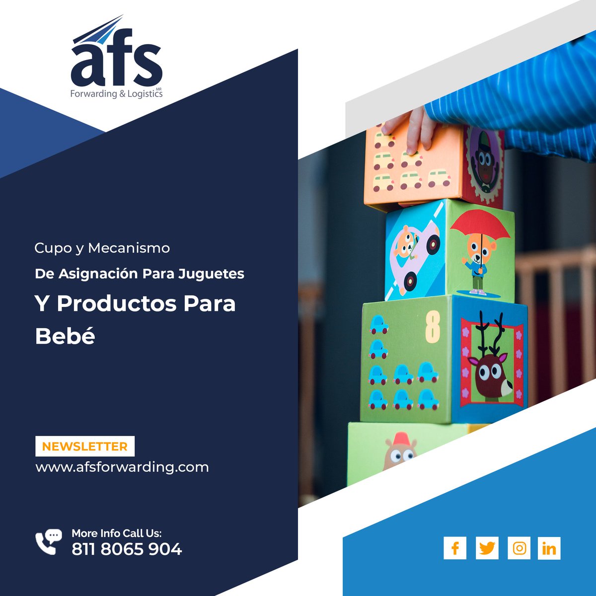 • AFS Newsletter
• "Se da a conocer el cupo y mecanismo de asignación para juguetes y productos para bebé"

• Entra al enlace oficial para leer la nota completa:
rb.gy/mwzuej

#PuertosMexicanos
#asfforwardingandlogistics #agenciaaduanalmonterrey