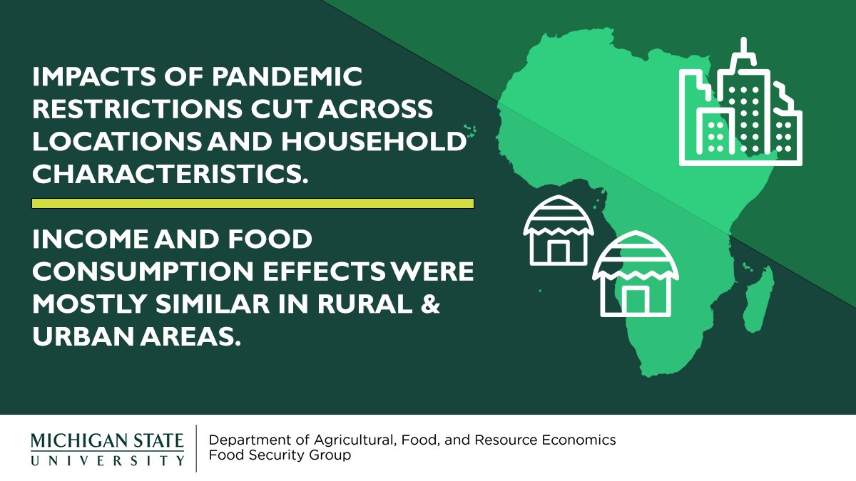 Impacts of pandemic restrictions cut across locations and household characteristics. Income and food consumption effects were mostly similar in rural & urban areas. Research by: @maredia @SawedaTasie @DavidTschirley Read the full paper: @Journal_GFS bit.ly/3ukTrgJ