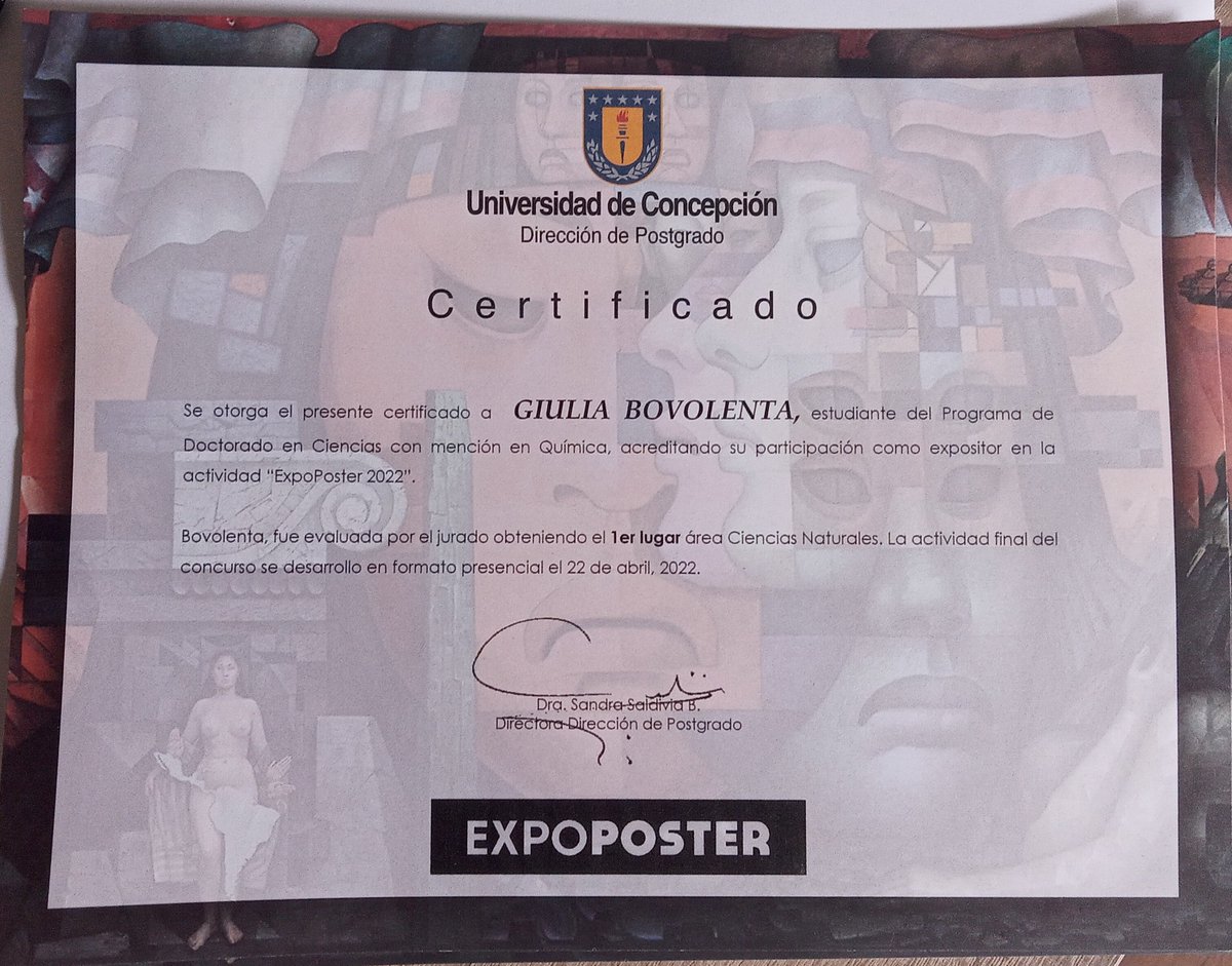 Hoy queremos felicitar a nuestra estudiante del Doctorado en Ciencias con Mención en Química, Giulia Bovolenta, por obtener el 1er.  lugar área Ciencias Naturales del Concurso Expo poster 2022 que se realizó en el hall de nuestra Facultad.  <a href="/udeconcepcion/">Universidad de Concepción</a>  <a href="/stfnvgt/">Dr. Futurism</a>