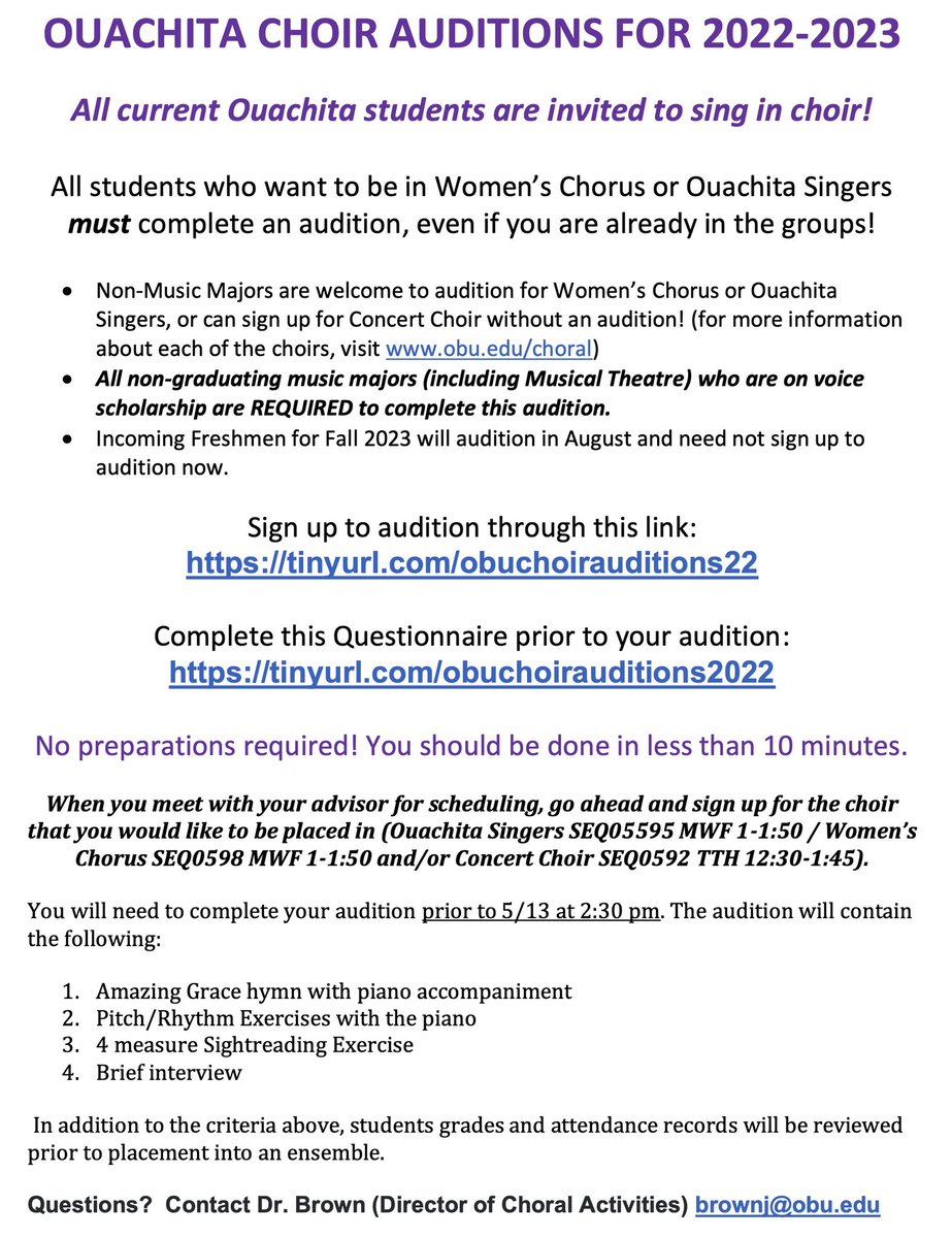 Music Majors &amp; Non- Majors: Don’t forget to sign up for your OBU Choir Audition for the Fall Semester!  Tinyurl.com/obuchoirauditi…