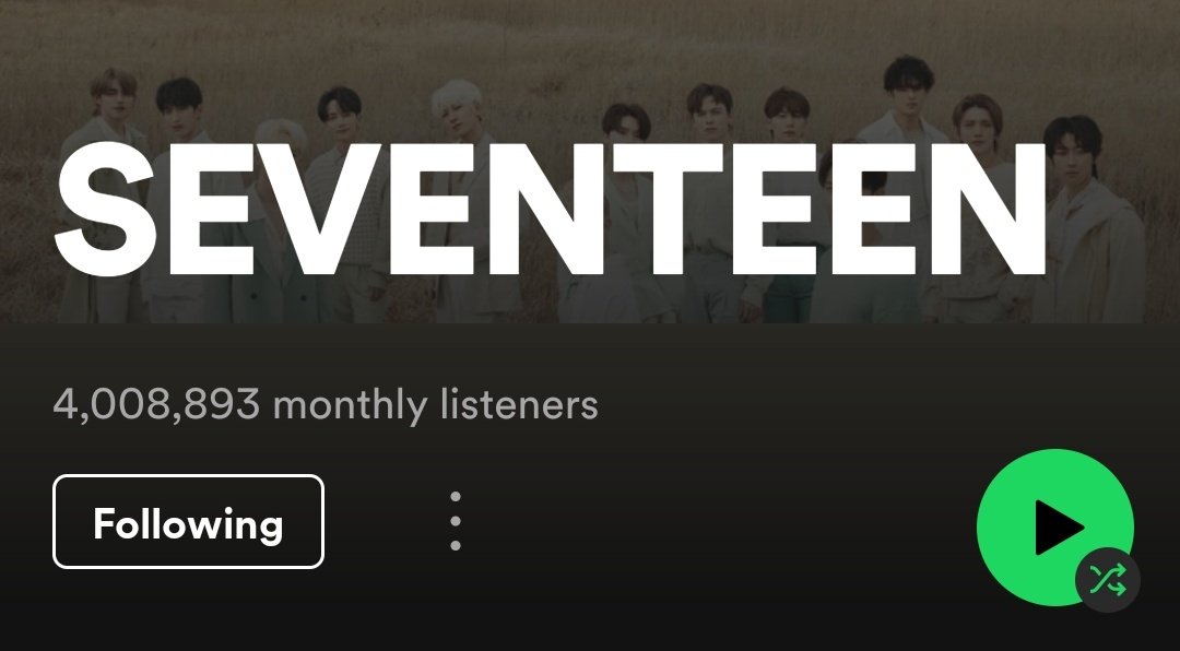 svtcharts's tweet photo. .@pledis_17 have reached 4 MILLION monthly listeners in Spotify for the 1st time since November 2021. They have gained 29,056 on the lastest update.

Let's keep it up Carats!

#SEVENTEEN #세븐틴 https://t.co/78jVEBZQEF