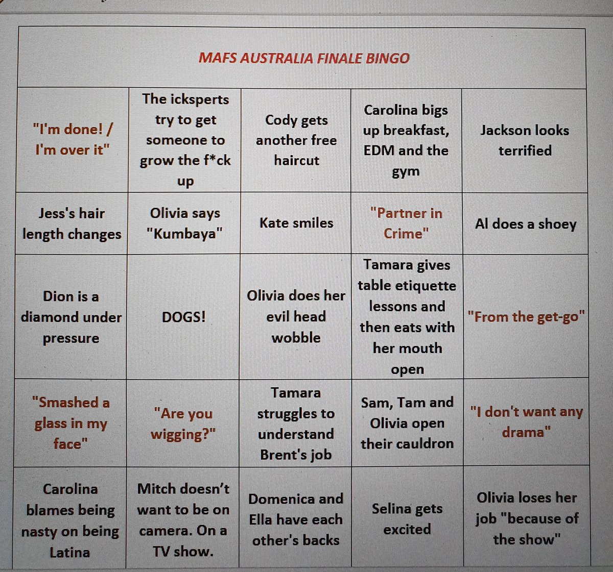 veefeeley's tweet photo. @MAFSLessons Bingo, anyone?
#MAFSA #MAFSAustralia
#MAFSFinale 🍾👰🤵 https://t.co/jLXJmPWiSp