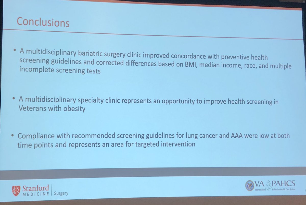 #AVAS2022 @VAsurgeons Dr Stoltz from @StanfordSurgery @VAPaloAlto Cross sectional study of 381 #BariatricSurgery pts to assess preventative #HealthScreening