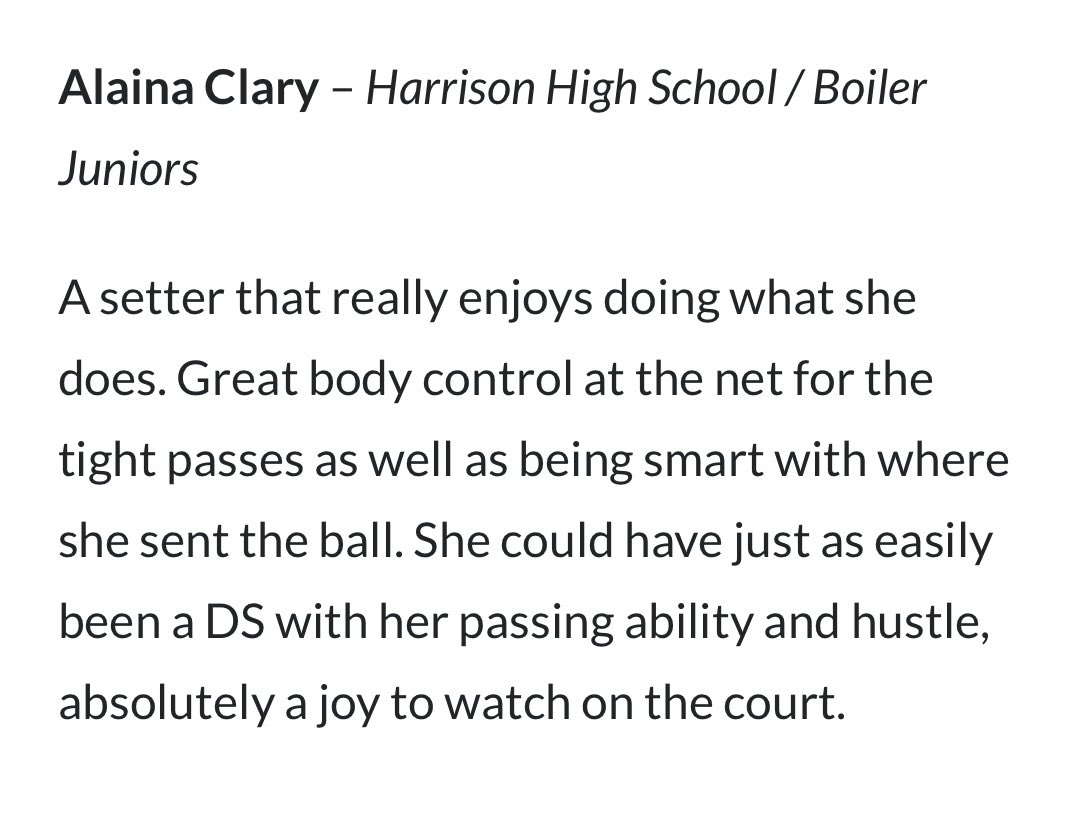 TAVCRecruiting's tweet photo. It was a great evening at the @PrepDig Adidas Naptown Jamboree Showcase! 

Check out the top performers from the class of ‘24 from @BoilerJuniorsVB! ⤵️

⭐️ Paige Davis, 16 Black

⭐️ Alaina Clary, 16 Black

⭐️ Lindley Martin, 16 Black

⭐️ Anna Elkin, 16 Black https://t.co/bnmoEspNDb