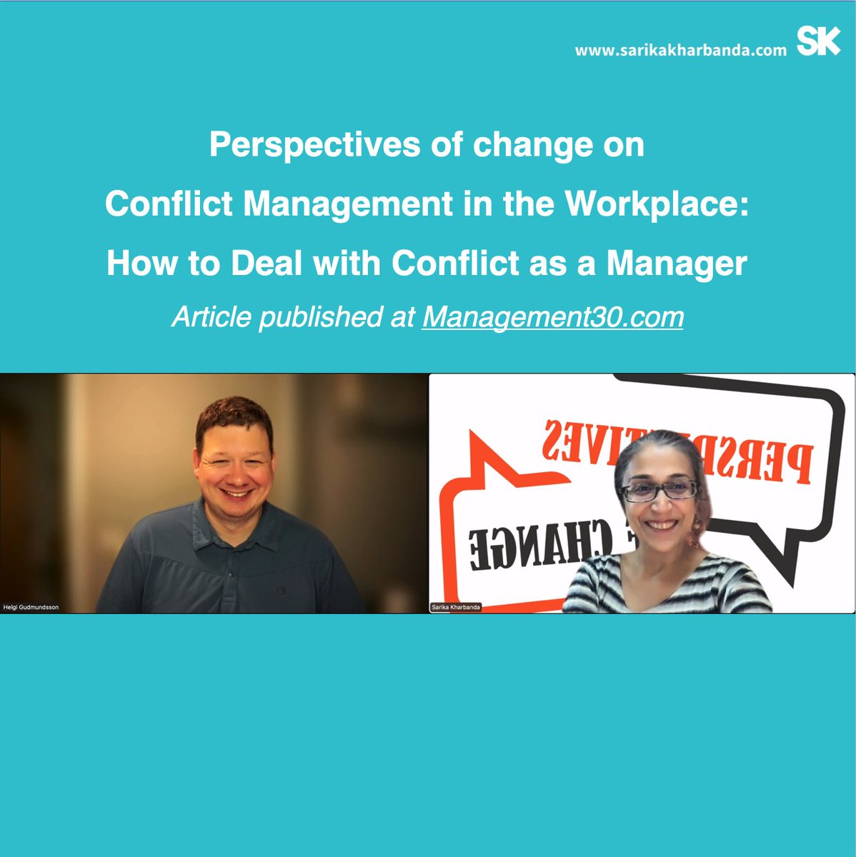 SarikaKharbanda's tweet photo. Super fun to have @helgigud play the host &amp; interview me on my article about ‘Conflict Management in the workplace’ @cngPerspectives today. Cool to switch roles!
#Podcast out tomorrow :-)

#perspectivesofchange #changemanagement #change #futureofwork #hr #innovation  #leanchange https://t.co/MlcEXiOyrk