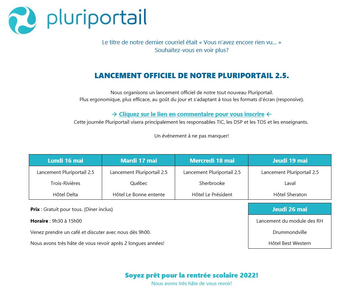 LANCEMENT OFFICIEL DU PLURIPORTAIL 2.5 🤩Nous organisons un lancement officiel de notre tout nouveau #Pluriportail plus ergonomique, plus efficace, au goût du jour et s'adaptant à tous les formats d'écran (responsive). Pour vous inscrire: plurilogic.com/pluriportail/L… #pp25