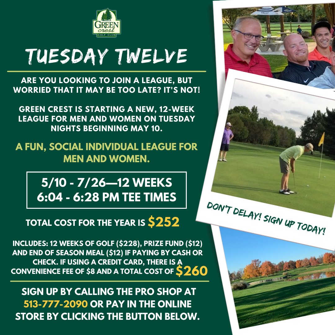 Sign up now for a new Green Crest League – Tuesday Twelve! Pay in the Online Store here: bit.ly/35BG5mP