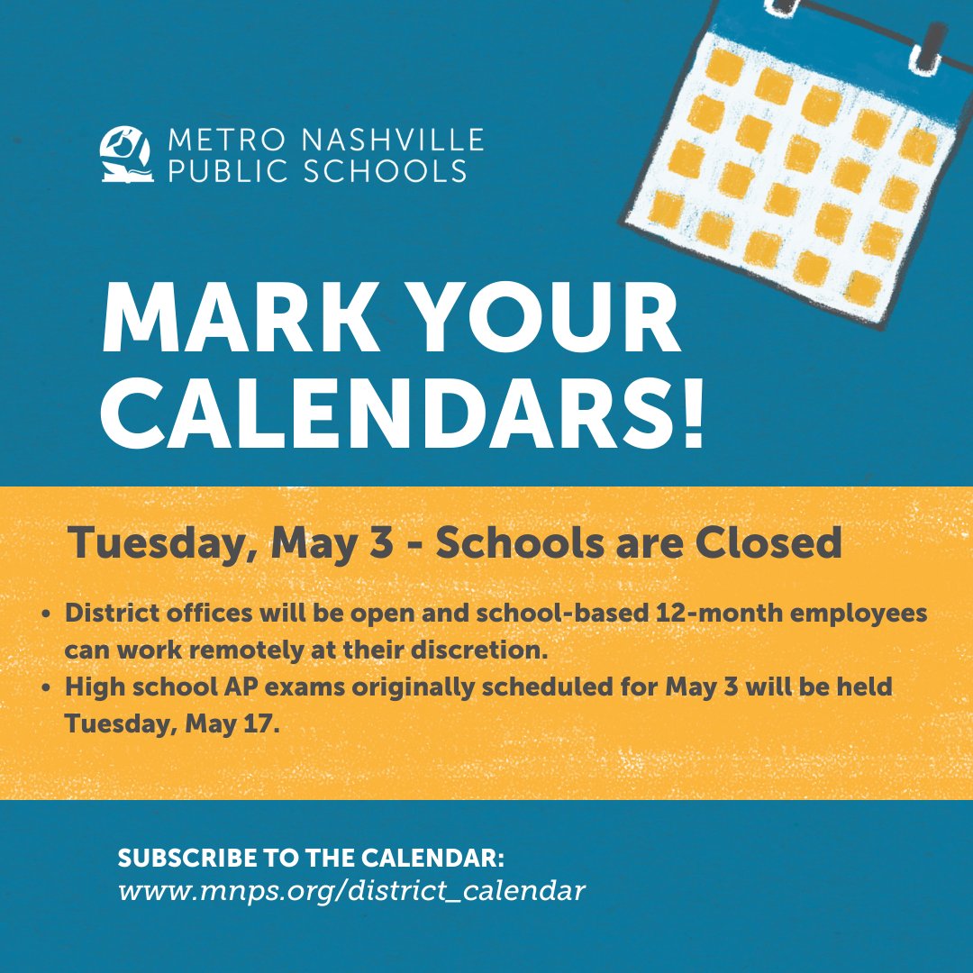 🗓️No school for students Tuesday, May 3. 
Why? Many schools are election precincts for the county primary for judicial races &amp; school board elections. 

District offices will be open. 

High school AP exams originally scheduled for May 3 will be held Tuesday, May 17.