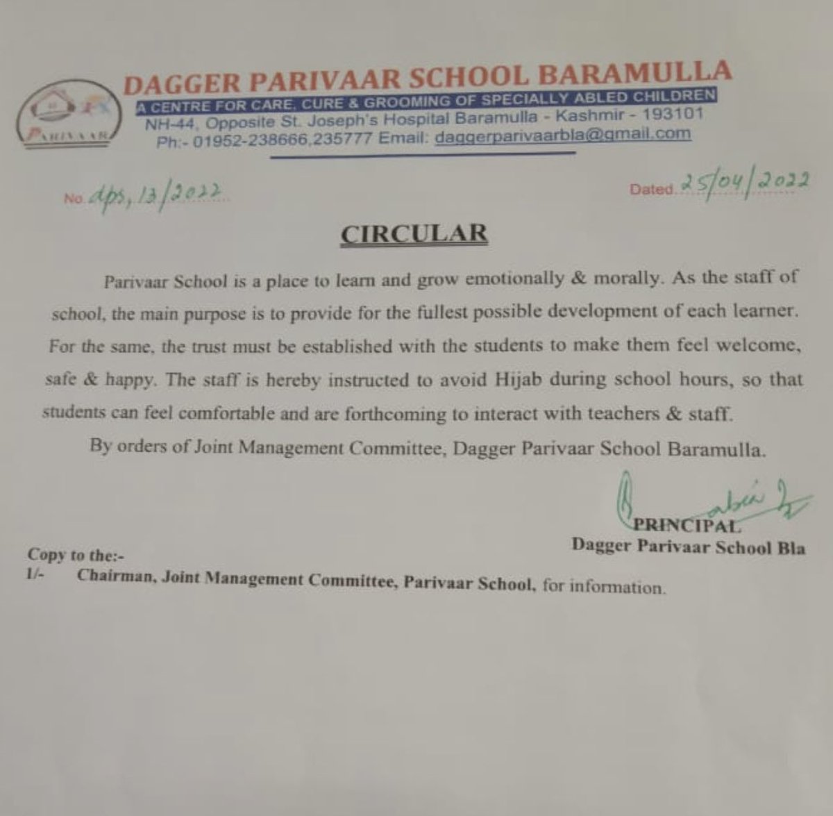 Principal of a school meant for specially abled kids of Baramullah #Kashmir has issued a Circular in which they are instructing their staff to remove their #Hijab during school hours,as per sources this school is managed by the Indian Army in collaboration with a Pune based NGO.