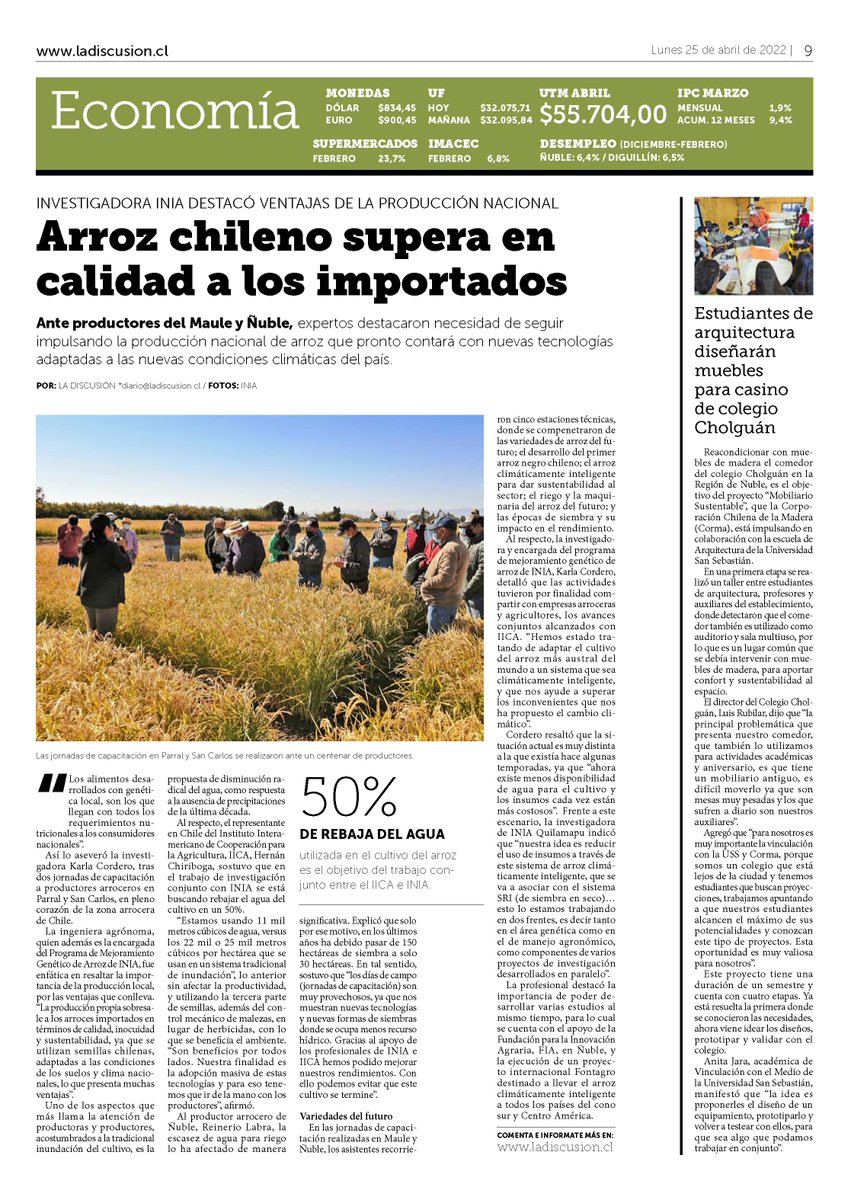 IICAChile's tweet image. 🔬Investigación participativa🚜
@iniachile @IICAChile @FIA_Chile 

Con el objetivo de fortalecer sector arrocero de las regiones del #Maule y #Ñuble en competitividad para acercarse los mercados y en sustentabilidad para adaptarse al déficit hídrico 💧

@ladiscusioncl #Economía