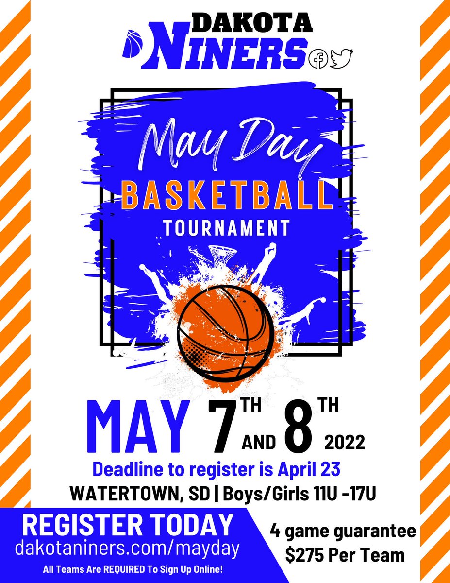 Extending our deadline to encourage more girls teams to register. We are looking for all grades 5th-11th to come play in our Tourny. 55 teams registered thus far. Register @ dakotaniners.com/mayday