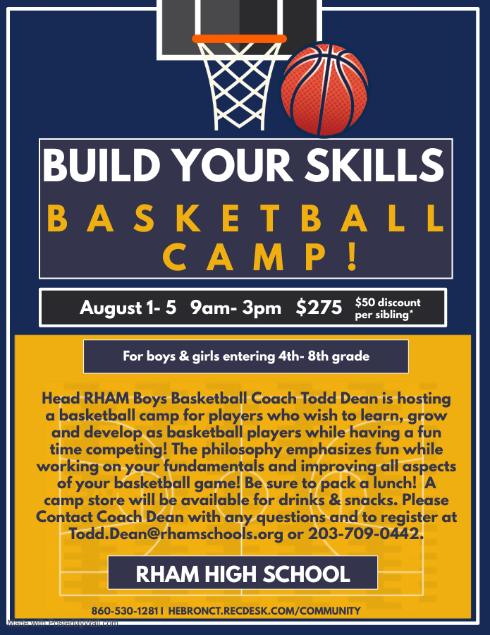 HebronCTRec's tweet image. Join Head RHAM Boys Basketball Coach Todd Dean for Build Your Skills Co-Ed Basketball Camp this summer! 🏀 To register, please contact Coach Todd Dean at Todd.Dean@rhamschools.org or 203-709-0442.