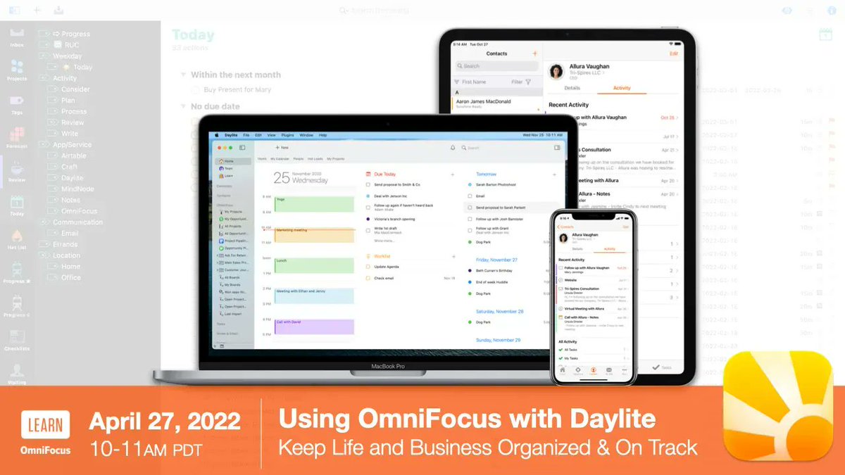 timstringer's tweet image. This WEDNESDAY (April 27 🕙 10-11 PDT) I&apos;ll be showcasing two of my favourite apps: @omnifocus + @dayliteapp (iPhone, iPad &amp;amp; Mac). Daylite has been my trusted #CRM since 2007 and #OmniFocus is my Personal Task Manager of choice.

More Info + Register: learnomnifocus.com/live/2022-04-2…