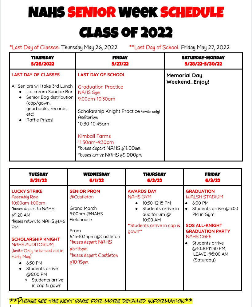 ‼️ Senior Week Schedule ‼️