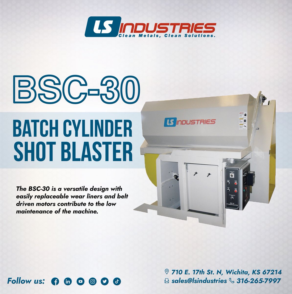 IndustriesLs's tweet photo. The LS Industries BSC30 Cylinder Shot Blaster is a small footprint batch blaster for handling cylinders up to 30” in diameter and up to 68” long. It is designed to increase productivity for cleaning cylinders of all sizes. #shotblaster #cleanmetals #cleansolutions #machinery https://t.co/aXgjl5FNl3